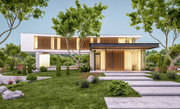 istock 3d rendering of modern house on the hill with pool in evening 1146219989