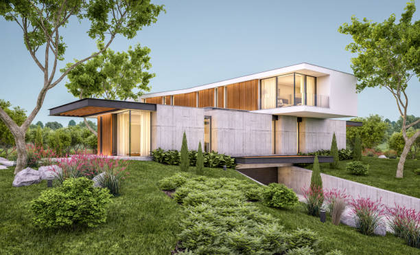 istock 3d rendering of modern house on the hill with pool in evening 1146219990