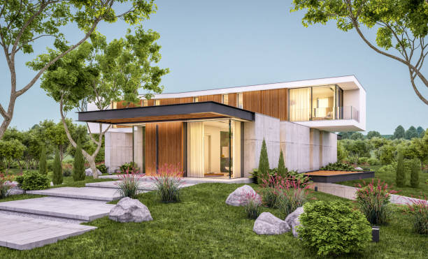 istock 3d rendering of modern house on the hill with pool in evening 1146219998