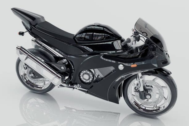 istock 3D rendered image of a metallic black motorcycle on white background 1146222858
