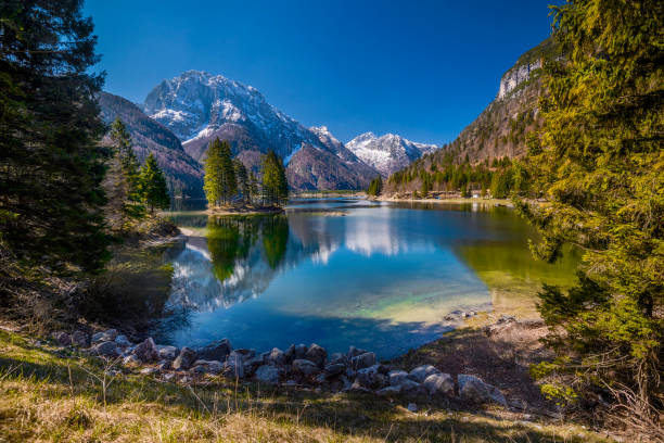 Lago del Predil a lake near Cave del Predil, part of the Tarvisio municipality in the Province of Udine, in the Italian region of Friuli-Venezia Giulia.