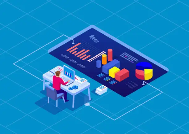 Vector illustration of Businessman sitting and using computer to analyze data, corporate finance management