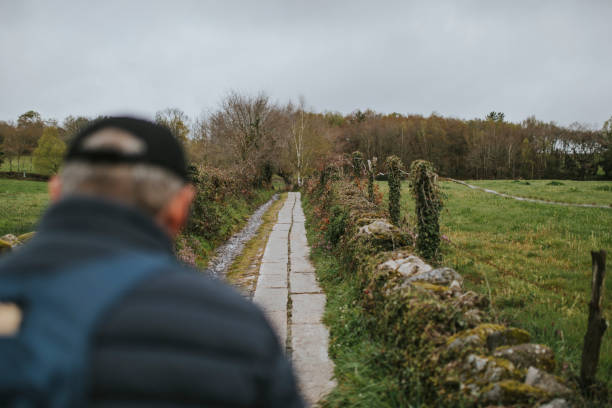 Man with a backpack hiking in a trekking route through green landscape.