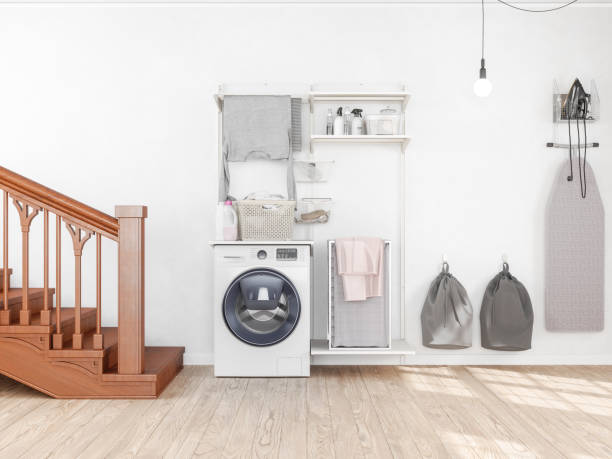quarto de lavanderia com máquina de lavar - laundromat clothes washer laundry utility room - fotografias e filmes do acervo