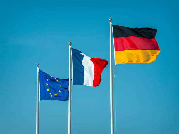 European nation flags Eu-flag, French flag and German flag fluttering in the wind german flag photos stock pictures, royalty-free photos & images