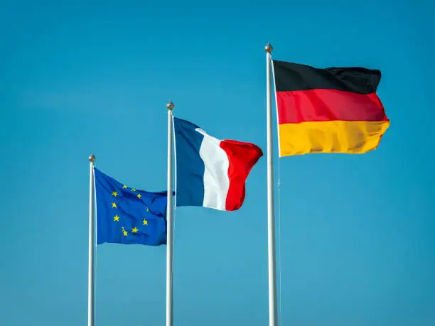 Eu-flag, French flag and German flag fluttering in the wind