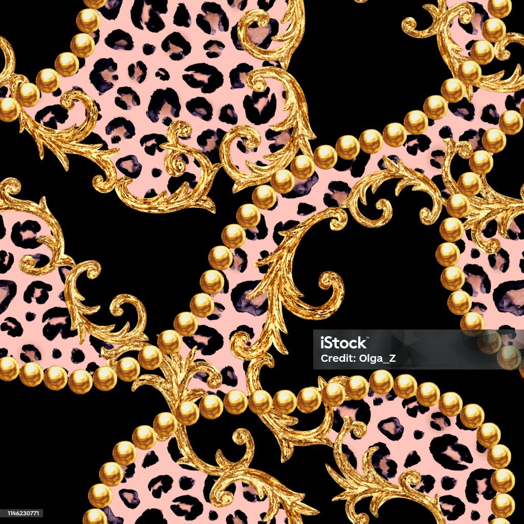 Golden baroque chain glamour leopard seamless pattern. Watercolor hand drawn fashion gold and animal texture Golden baroque chain glamour leopard cheetah seamless pattern illustration. Watercolor hand drawn fashion gold and animal texture on black background. Watercolour print for textile, fabric, wallpaper. Abstract stock illustration