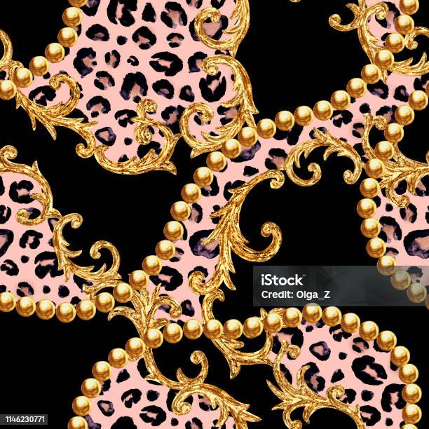 Golden Baroque Chain Glamour Leopard Seamless Pattern Watercolor Hand Drawn Fashion Gold And Animal Texture Stock Illustration - Download Image Now