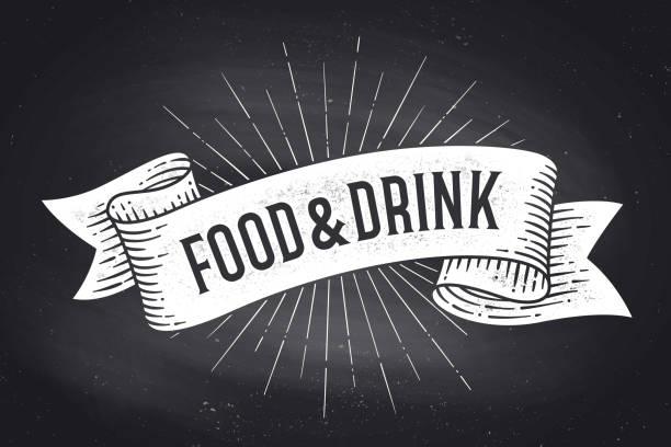 Food and Drink. Old school vintage ribbon banner Food and Drink. Old school vintage ribbon banner with text Food and Drink. Black-white chalk graphic design on chalkboard. Poster for menu, bar, pub, restaurant, cafe, food court. Vector Illustration ribbon sewing item stock illustrations