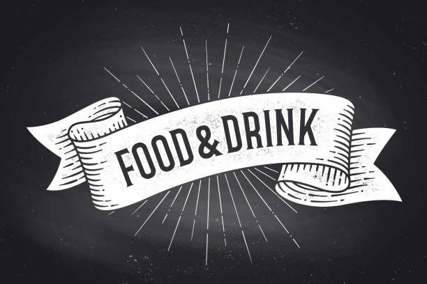 Food and Drink. Old school vintage ribbon banner Food and Drink. Old school vintage ribbon banner with text Food and Drink. Black-white chalk graphic design on chalkboard. Poster for menu, bar, pub, restaurant, cafe, food court. Vector Illustration blackboard stock illustrations