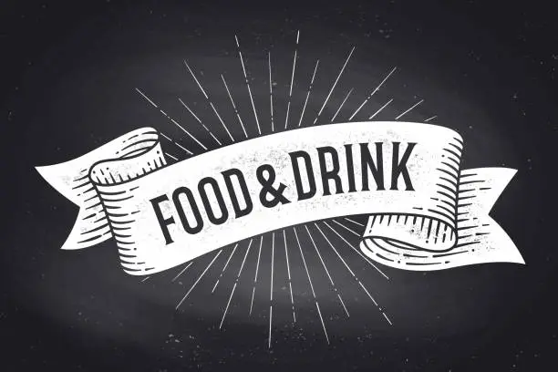 Vector illustration of Food and Drink. Old school vintage ribbon banner