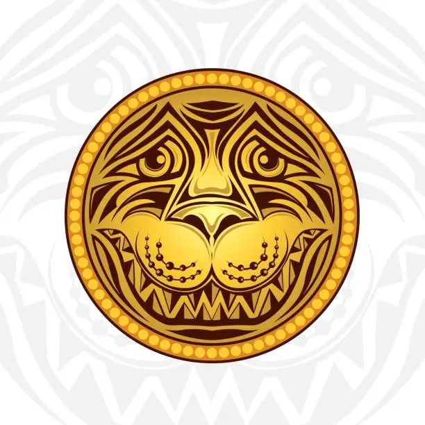 Vector illustration of lion head inside of golden round frame on white
