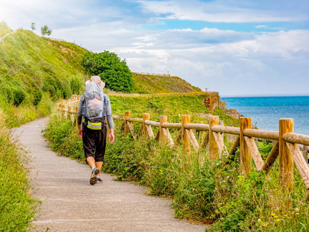 Lonely Pilgrim with backpack walking the Camino de Santiago in Spain, Way of St James Lonely Pilgrim with backpack walking the Camino de Santiago in Spain, Way of St James camino de santiago photos stock pictures, royalty-free photos & images