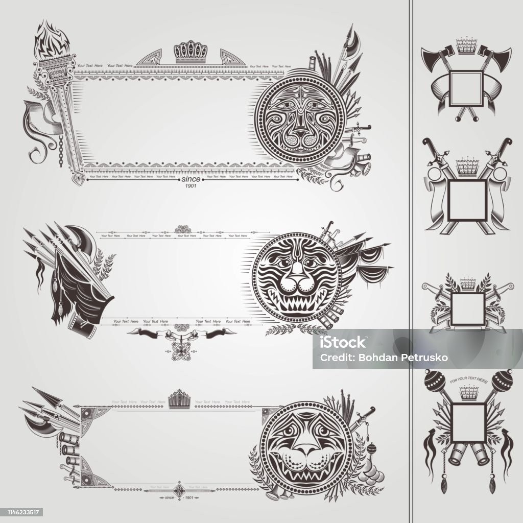 Set of military, heraldic banners with vintage weapon and lions Animal Body Part stock vector