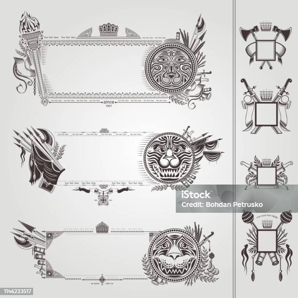 Set Of Military Heraldic Banners With Vintage Weapon And Lions Stock Illustration - Download Image Now