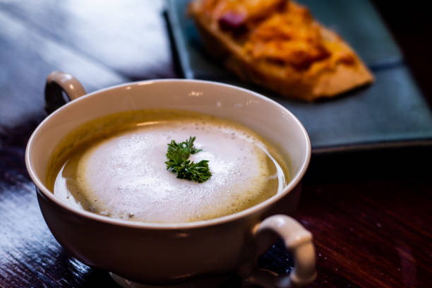 istock close up of mushroom soup in white ceramic cup on table 1146234478
