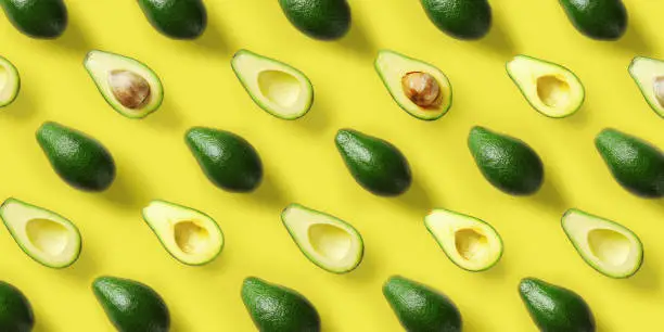 Avocado pattern on yellow background. Pop art design, creative summer food concept. Green avocadoes, minimal flat lay style. Top view. Banner