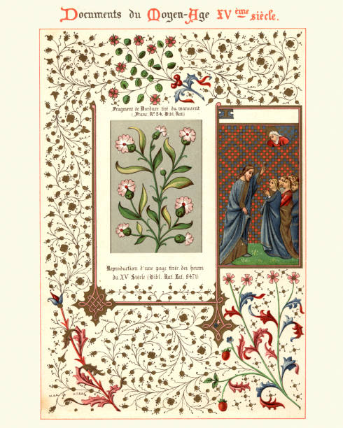 ilustrações de stock, clip art, desenhos animados e ícones de medieval illuminated manuscript, jesus preaching, floral design - manuscript