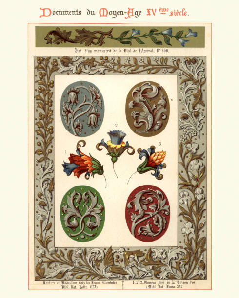 mittelalterliche dekorative kunst florale grenzen und deiszugn-elemente, 15. jahrhundert - 15 th century stock-grafiken, -clipart, -cartoons und -symbole