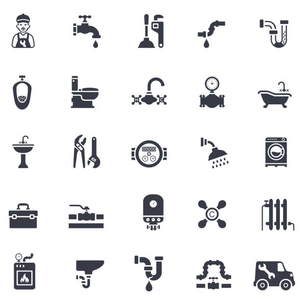 ilustraciones, imágenes clip art, dibujos animados e iconos de stock de conjunto de iconos de fontanería - plumber