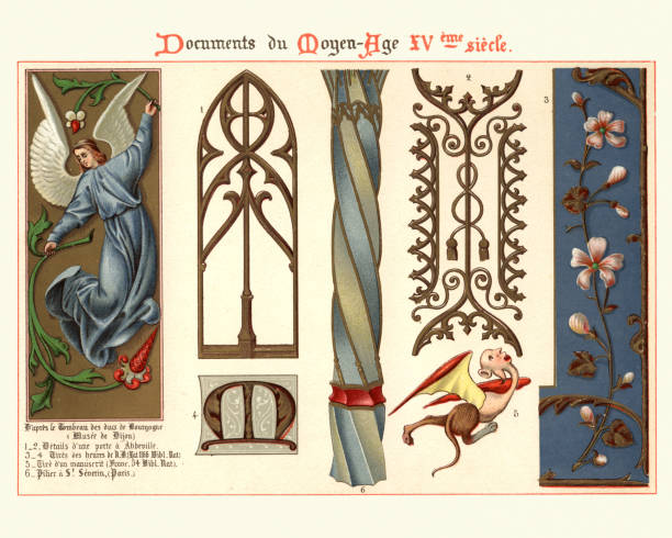 Middle ages decorative art, Angel, Floral, Architectural details Vintage engraving of Examples of Middle ages decorative art, Angel, Floral, Architectural details circa 15th century stock illustrations