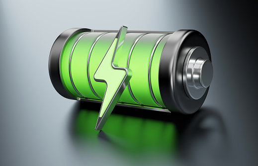 A fully charged battery with energy symbol, glowing in green.