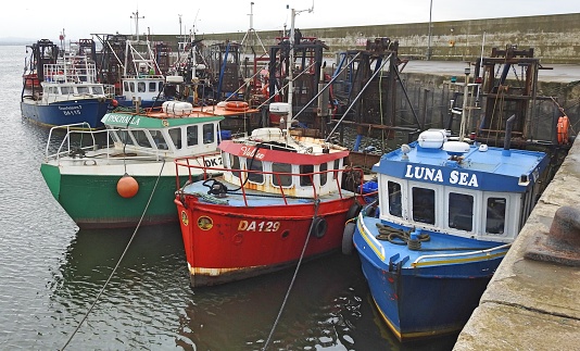 30th April 2019, County Louth, Ireland. Fishing boats in Port Oriel pier and harbour, Clogherhead, County Louth.