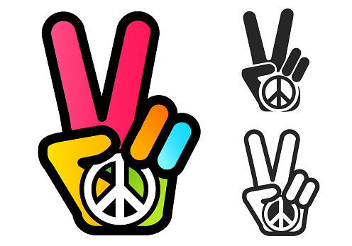 Vector icon with colorful hand and peace symbol. Hand and two fingers are like peace symbol.