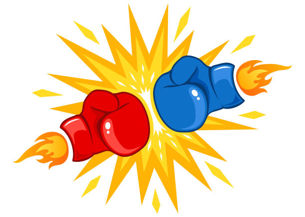 火が付いている赤く、青い手袋 - boxing ring combative sport fighting conflict点のイラスト素材／クリップアート素材／マンガ素材／アイコン素材
