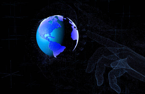 istock 3D render Index neon points finger shows up on the Earth planet in space 1146243105