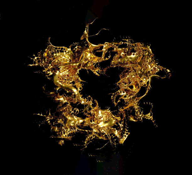 istock 3D render, Black background with splashes of a liquid gold 1146243111