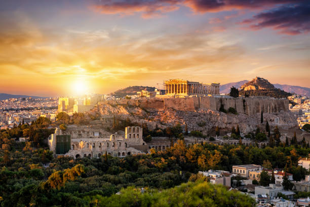 Vista sul Tempio del Partenone all'Acropoli di Atene, Grecia