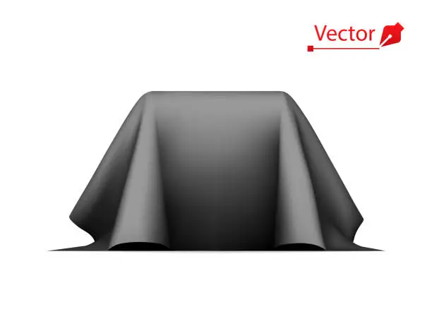 Vector illustration of Object covered with black silk cloth. Secret box, cube hidden under satin fabric with drapery.