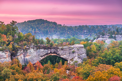 Daniel Boone National Forest, Kenucky, USA at the Natural Arch at dusk in autumn.