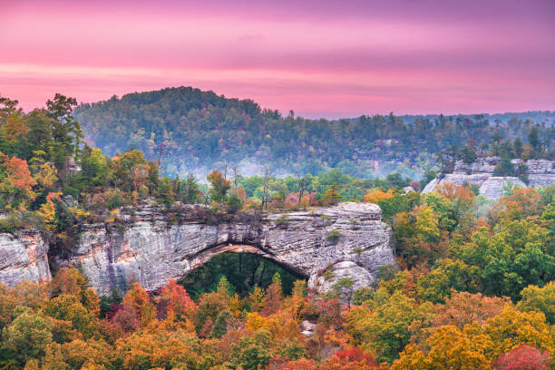 Daniel Boone National Forest Daniel Boone National Forest, Kenucky, USA at the Natural Arch at dusk in autumn. kentucky stock pictures, royalty-free photos & images