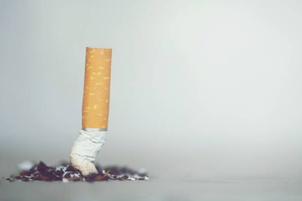 istock putting out a smoking a cigarette., cigarette butt on Concrete floor, bare cement. 1146255067