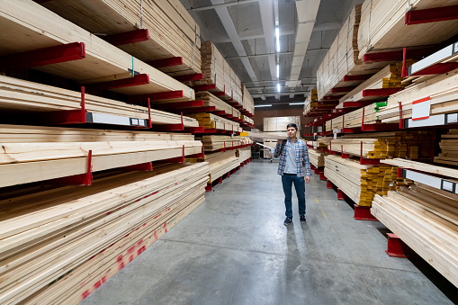 Portrait of a contractor buying materials at a hardware store and carrying wood on his shoulder - business concepts