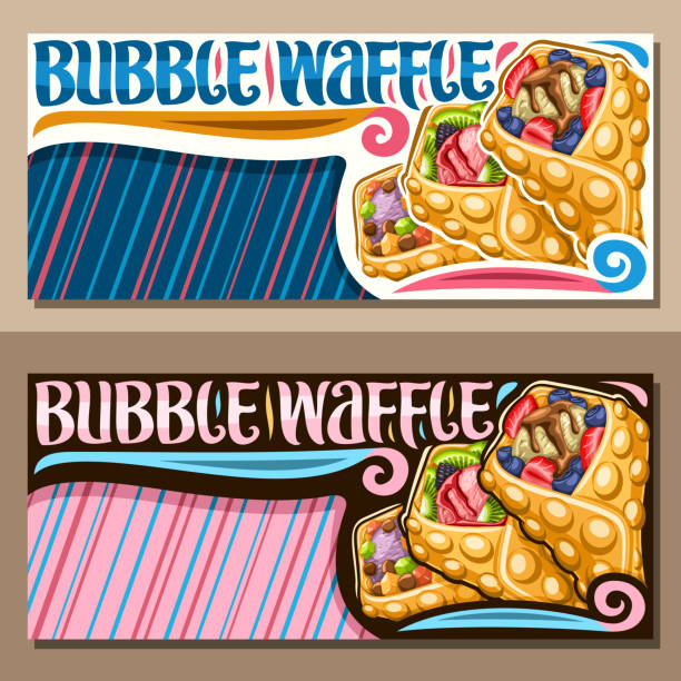 banery wektorowe dla wafelka bąbelkowa - snack street food chocolate waffle stock illustrations