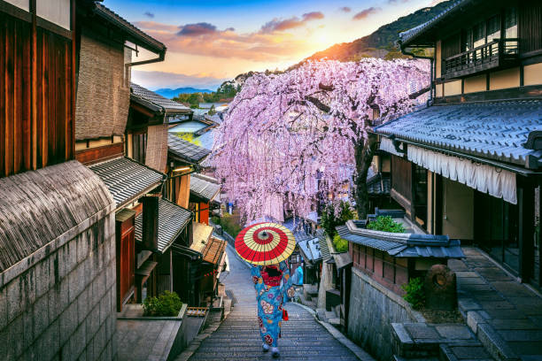 日本では、春に歴史ある東山地区を歩く日本の伝統的な着物姿の女性。 - 祇園 ストックフォトと画像