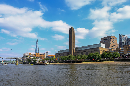 South Bank, London, UK - June 8, 2018: Tate Modern seen from a clipper journey on the river Thames.