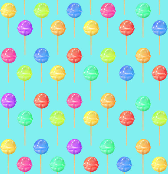 istock pattern with lollipop on blue background, watercolor illustration for design of test, cards, prints, packaging 1146265586