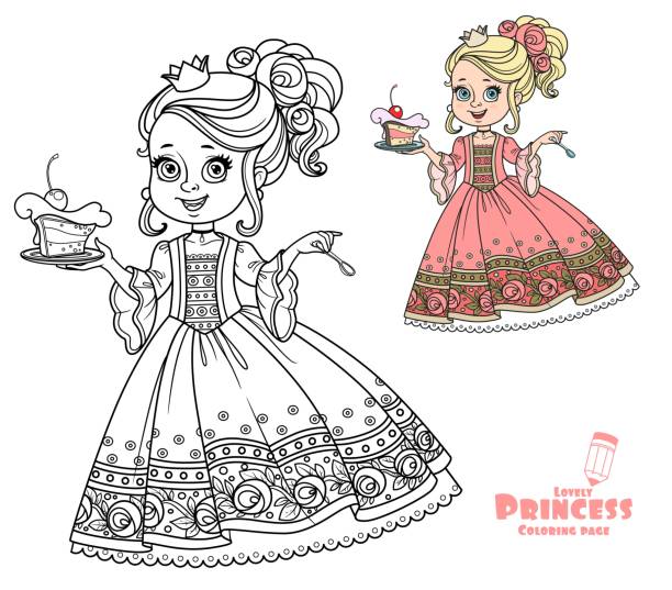 ilustrações, clipart, desenhos animados e ícones de princesa pequena bonita com bolo delicioso em uma cor da placa e esboçada para o livro de coloração isolado no fundo branco - caucasian white background little girls isolated on white