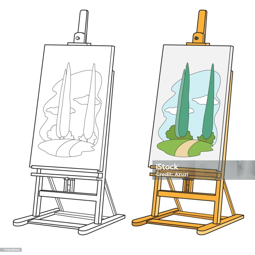 Wooden Easel With Stretched Canvas With Patterned Landscape Color