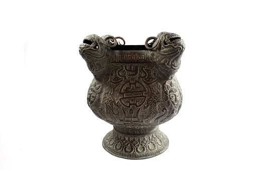 Vintage Antique Silver Metal Oriental Bowl on White Background