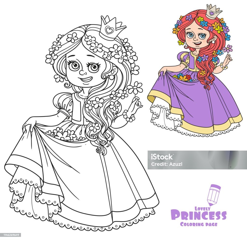 Beautiful Princess With Flowers In The Hair And The Hem Of The Dress Color  And Outlined Picture For Coloring Book On White Background Stock  Illustration - Download Image Now - iStock