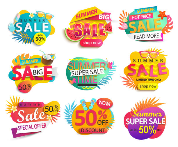 Big Set of summer sale and discounts stickers. Set of summer sale and discount stickers.Hot season clearance price tag.Invitation for online shopping with 50 percent price off,special offer card,template for design,banner for Mid or end of season. travel refund stock illustrations