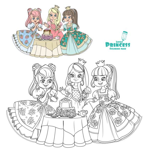 ilustraciones, imágenes clip art, dibujos animados e iconos de stock de tres hermosas princesas que tienen una fiesta de té con un color pastel y delineado para colorear libro aislado sobre fondo blanco - tea party little girls teapot child