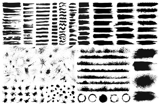 Large set of hand drawn grunge elements isolated on white background. Black ink borders, brush strokes, stains, banners, blots, splatters, spray. Vector illustration.