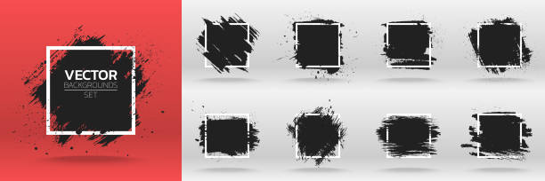 ilustrações de stock, clip art, desenhos animados e ícones de grunge backgrounds set. brush black paint ink stroke over square frame. vector illustration - manchado sujo