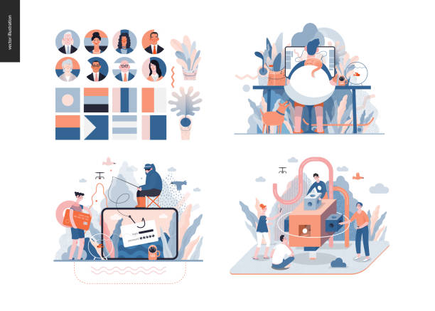 Technology topic illustration Technology 3 set - modern flat vector concept digital illustration- Home office, Phishing, Brand, Political leaders meeting. Creative landing web page design template election fraud stock illustrations